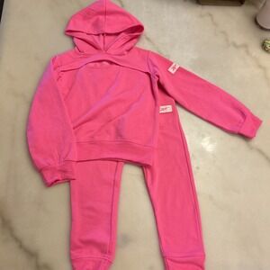 Hot Pink Girls Reebok Logo Hooded Sweatshirt 2pc Jogging Set W/keyhole Sz 4